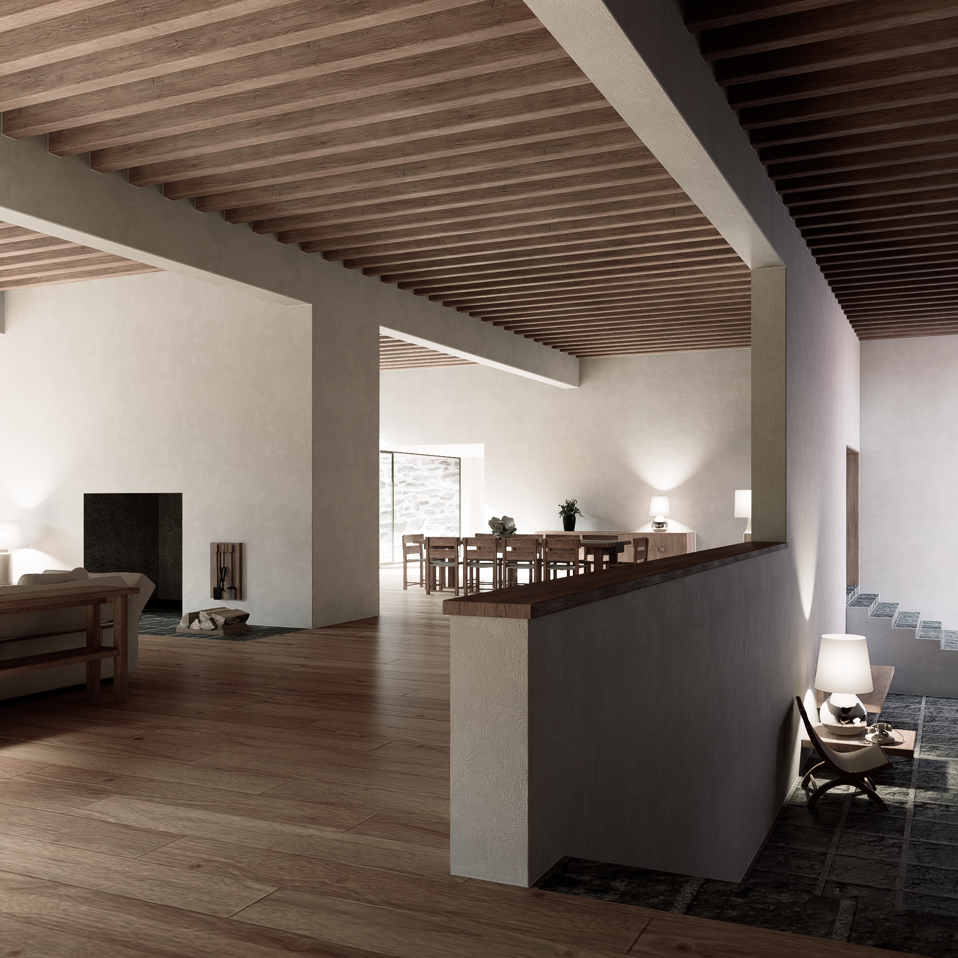 Interieur van een modern huis met houten plafonds en vloeren, een eettafel in de achtergrond en een zithoek met lamp op de voorgrond.