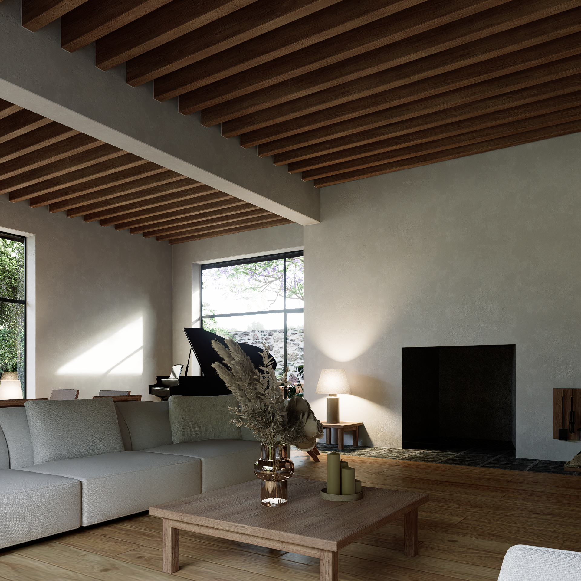 Woonkamer met witte bank, houten salontafel met decoratieve vazen en kaarsen, grote ramen met uitzicht op buiten, houten plafond met balken, moderne en minimalistische inrichting.