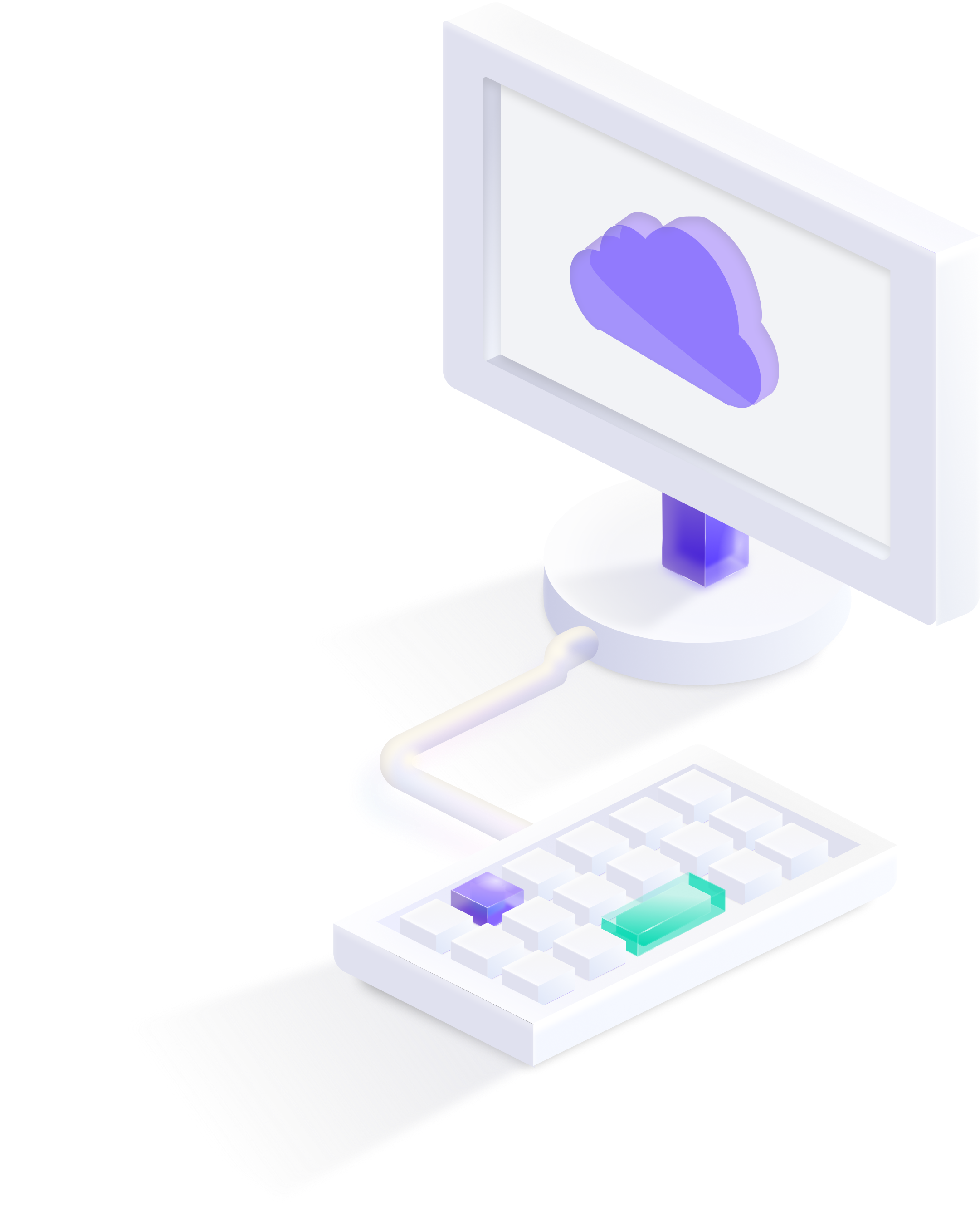 A computer monitor displaying a cloud icon, connected via a cable to a keyboard with a highlighted key, cloud computing or data storage.
