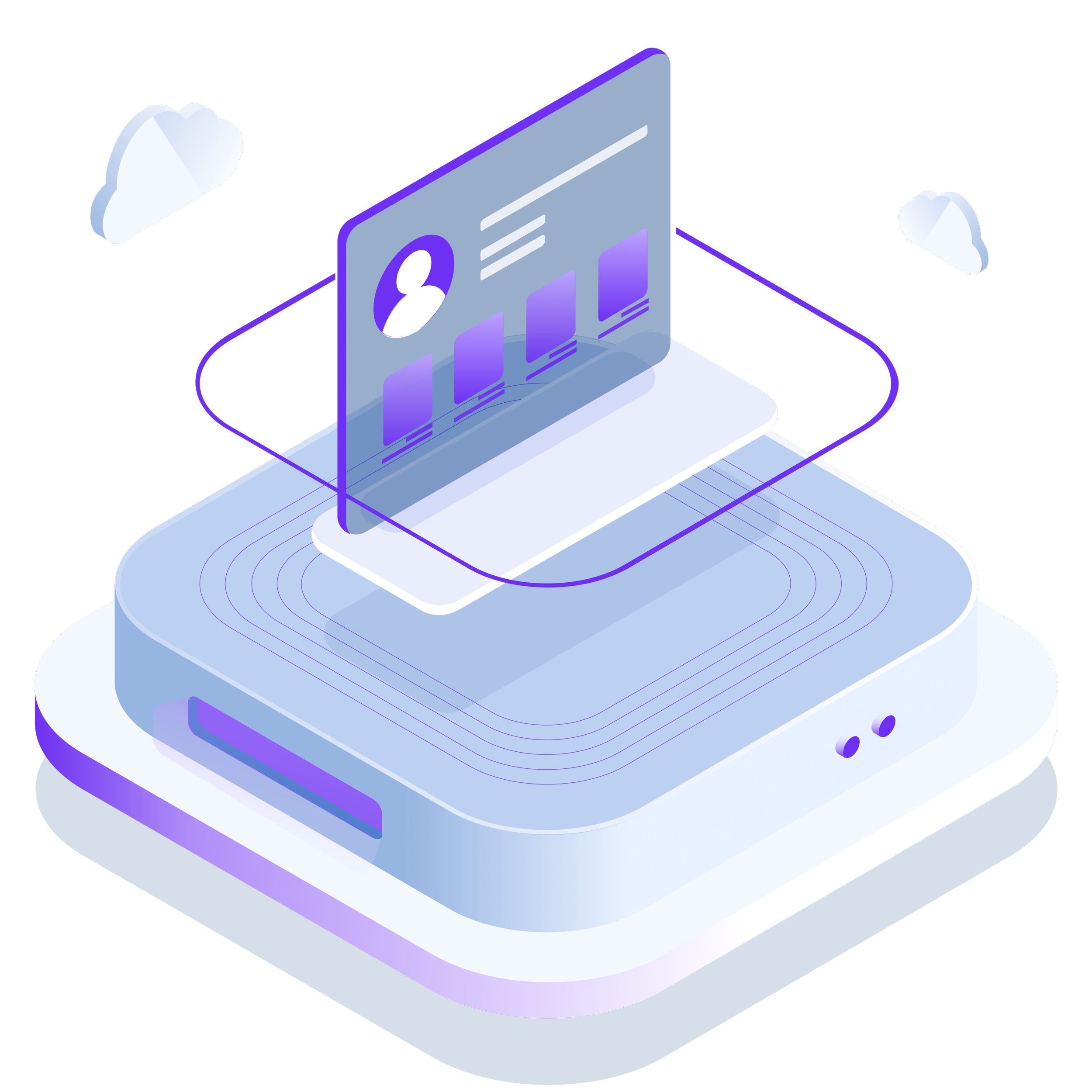 Futuristic digital illustration of a data analysis platform featuring charts, a user profile icon, and clouds, with a modern grid background.