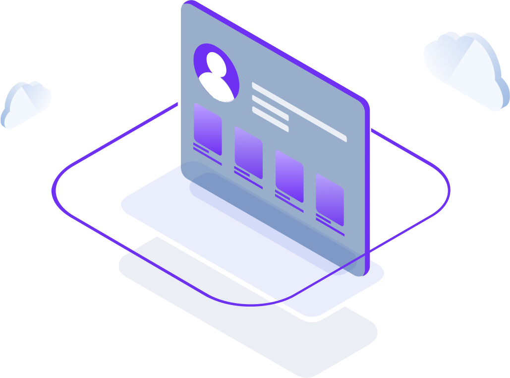 Illustration of a laptop computer displaying a social media profile page with a profile picture, name, and posts, in a digital-themed style with purple and blue colors.