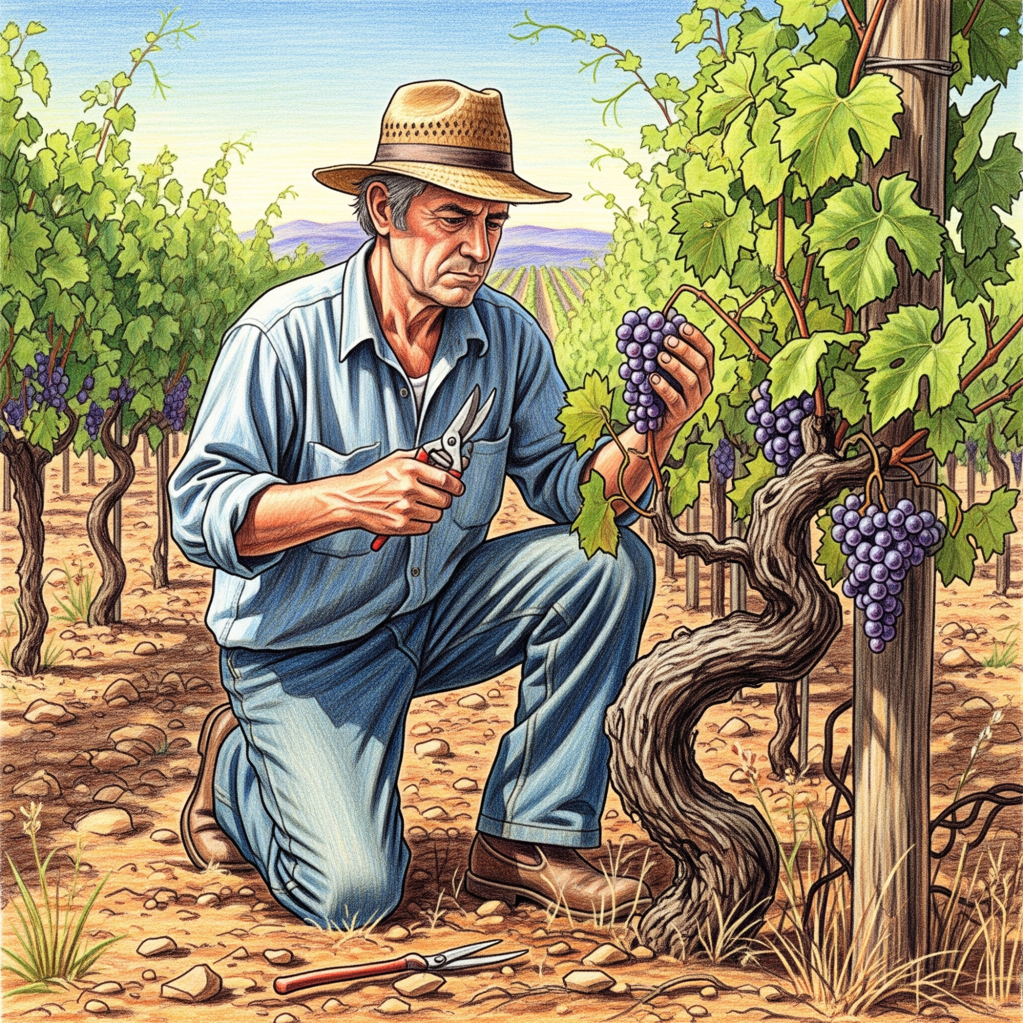Grandpa sketch in the garden with grapes