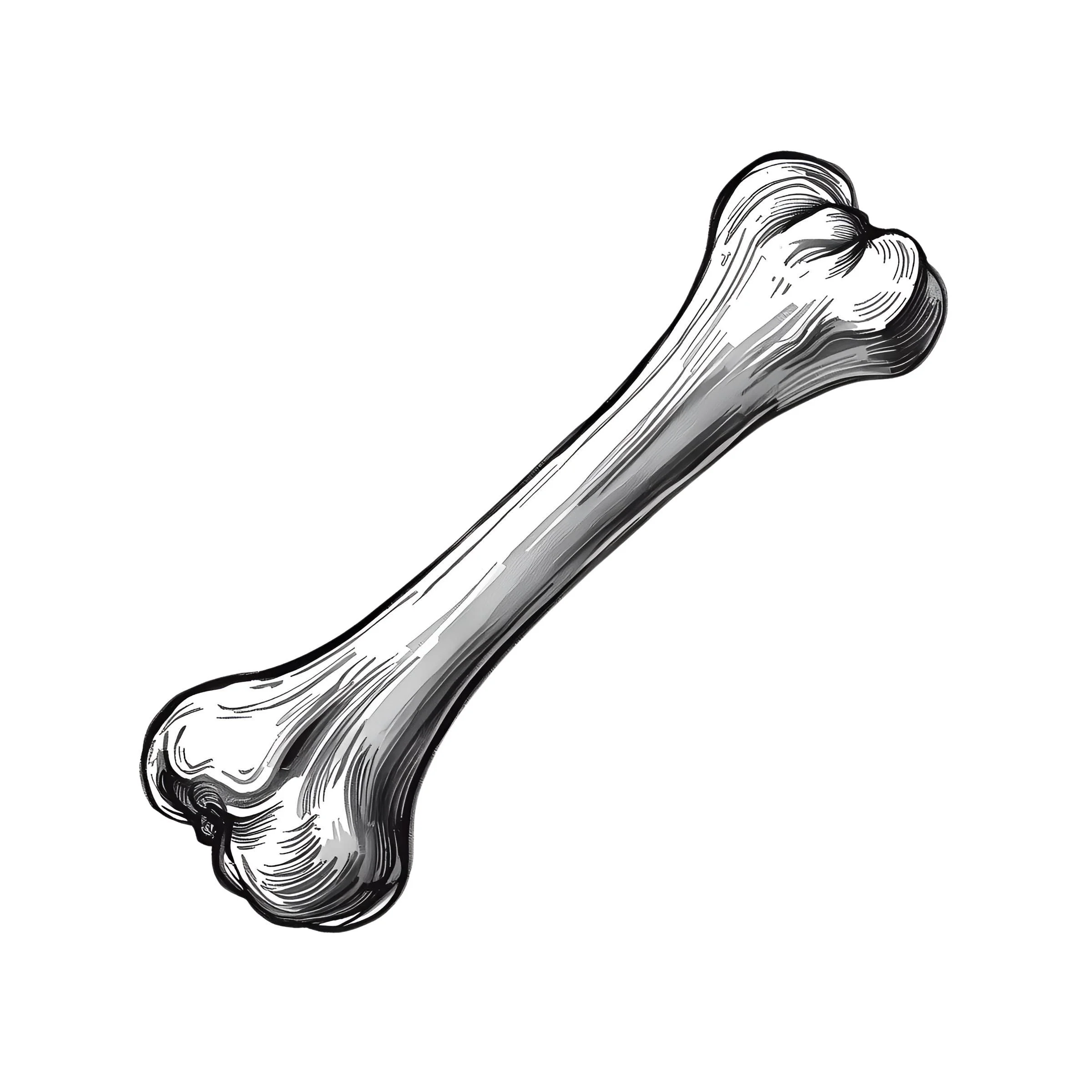 Black and white illustration of a human femur bone.