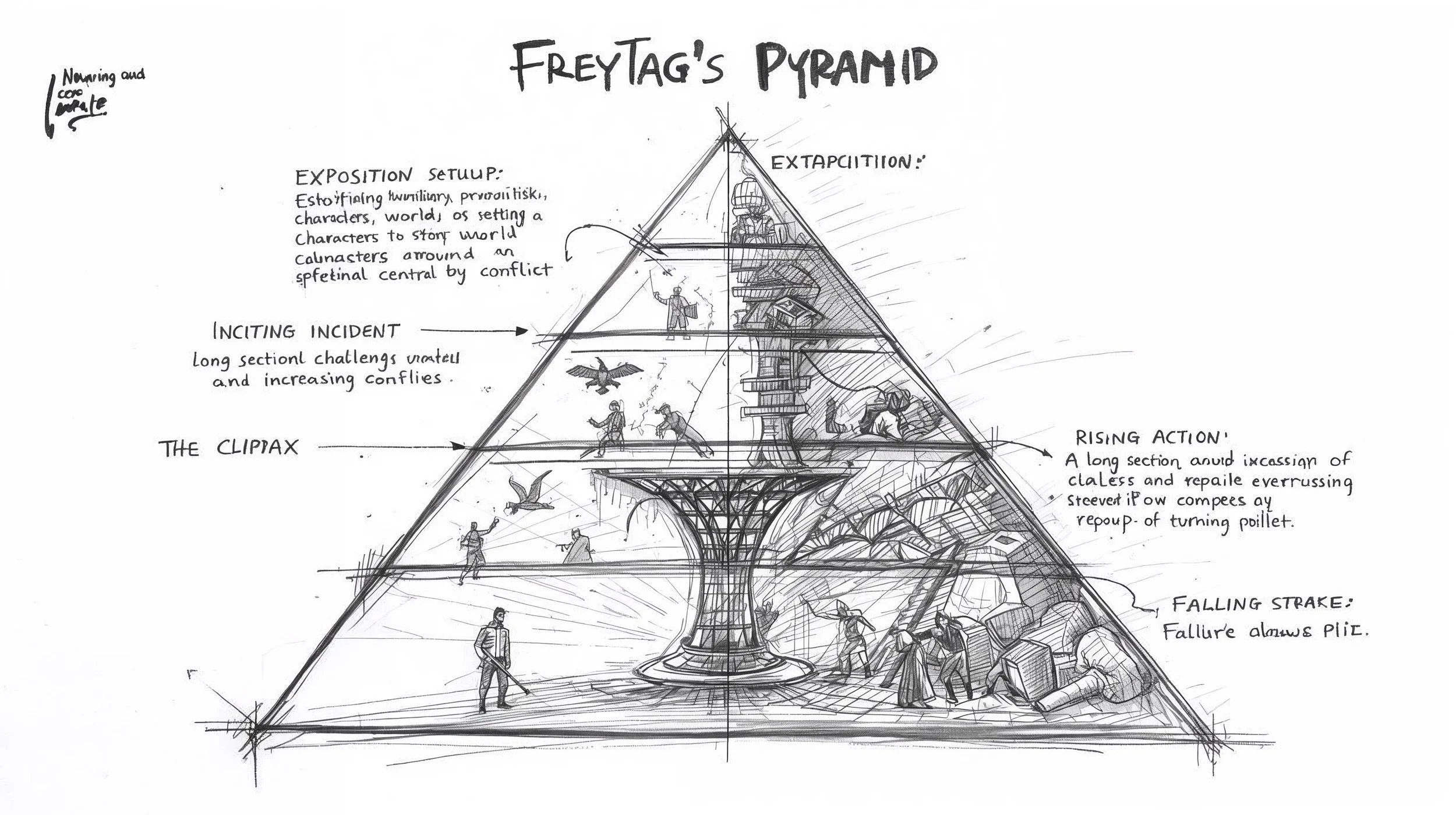 Sketch of Freytag's Pyramid illustrating narrative structure with five sections: exposition, inciting incident, the climax, rising action, falling stake, and expiration, with characters and scenes depicted in each section.