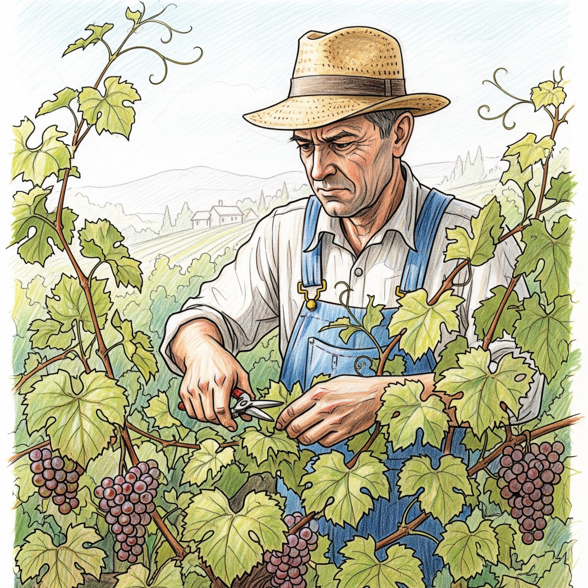 Grandpa sketch in the garden pruning