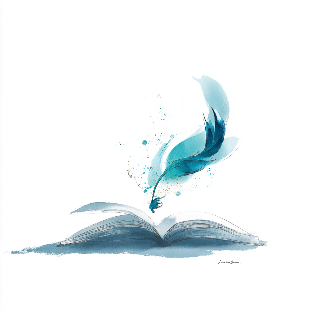Offenes Buch mit einer blauen Feder, die darüber schwebt, in aquarellartigem Stil