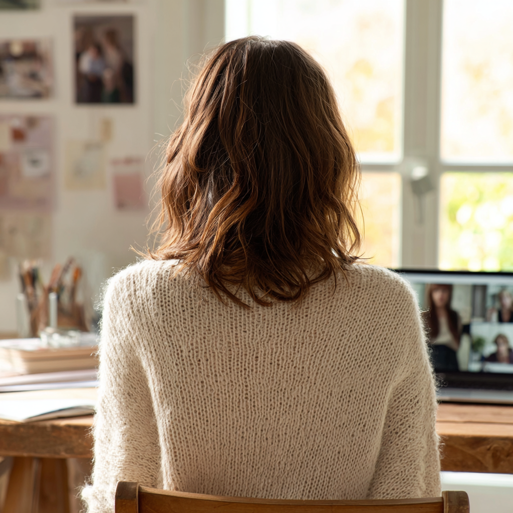 Eine Frau sitzt an einem Schreibtisch bei einer Online Beratung, sieht auf einen Laptop, der ein Video-Meeting zeigt, im Hintergrund sind Fotos und Notizen an der Wand.