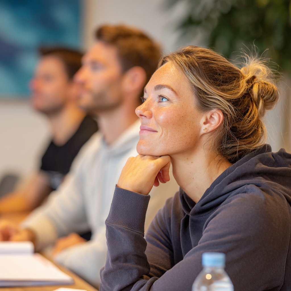 Eine Gruppe von Menschen, die in einem Seminar oder einer Besprechung aufmerksam zuhören, mit Fokus auf eine lachende Frau im Vordergrund.