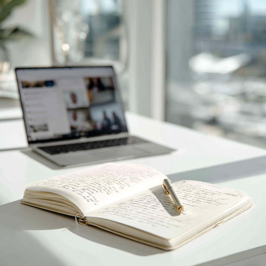 Offene Schreibjournal mit handgeschriebenem Text und Stift auf einem weißen Tisch, mit aufgeschlagener Laptop im Hintergrund in einem Sonnenlicht durchfluteten Raum