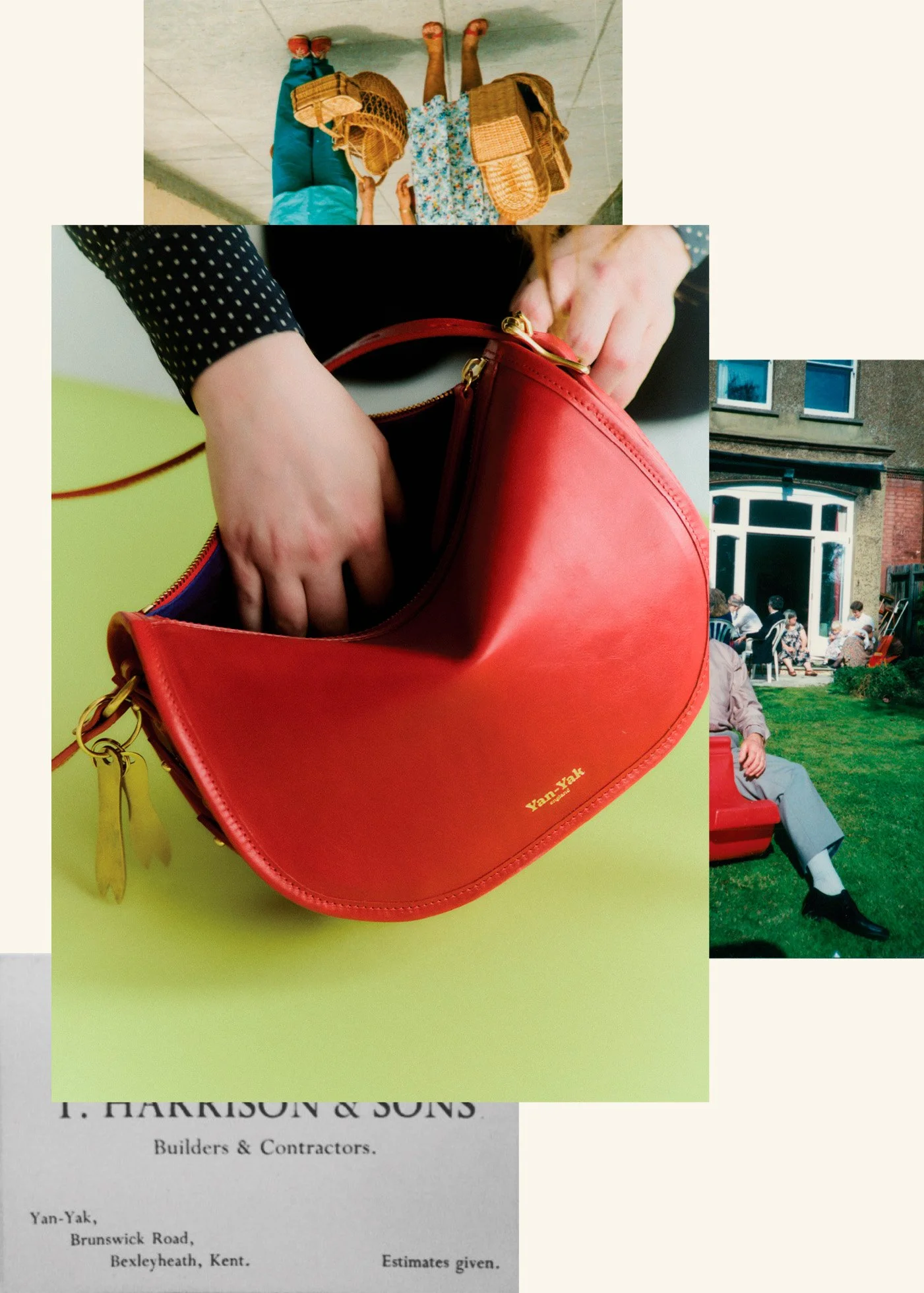 A collage of three photos, including a group of people walking with baskets, a person placing items into a red Yan-Yak crossbody bag, and individuals sitting outside on chairs and a bench in front of a building.