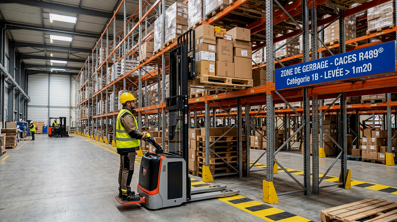 CACES® R489 Catégorie 1B Gerbeur à conducteur porté levée à plus de 1m20