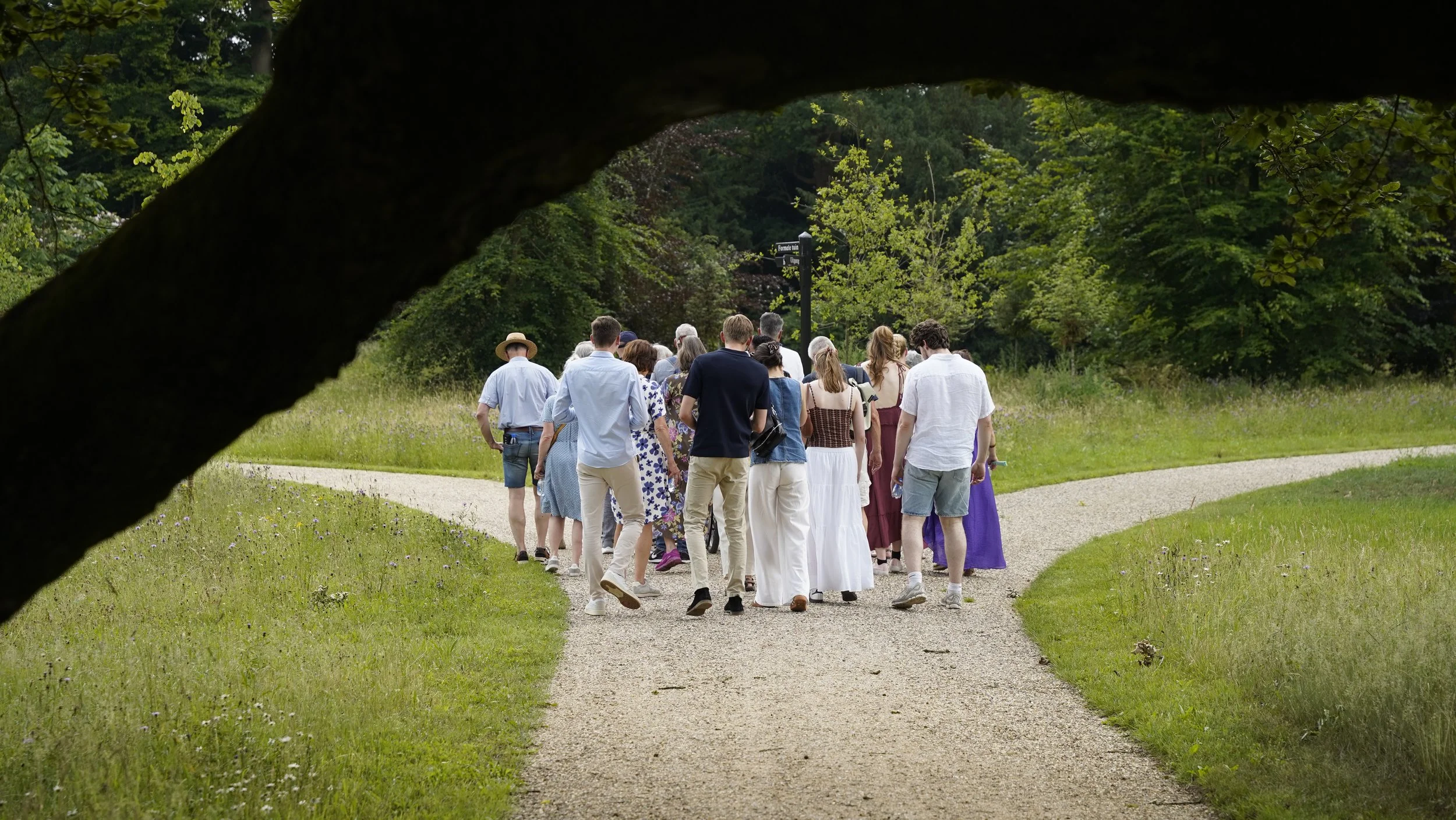 A group of people walking along a gravel path in a park, viewed from a perspective behind a tree branch.