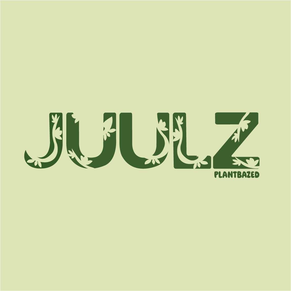 The image features text that reads 'JULZ' in large, green letters decorated with leaf patterns. Below the 'Z,' there is smaller text that says 'PLANTBAZED'.