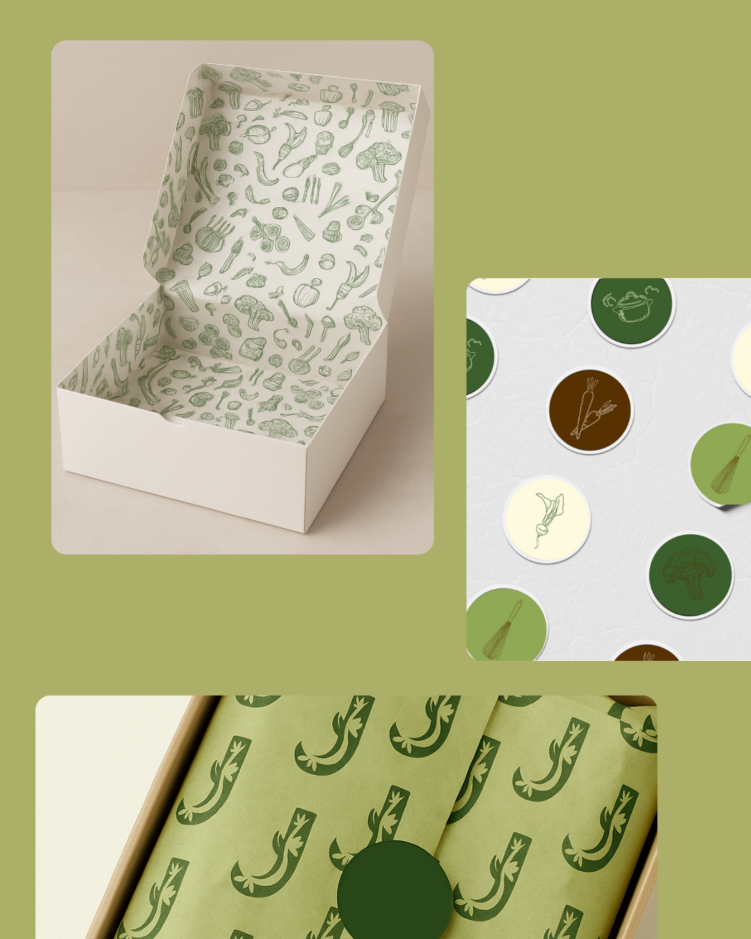 Three different closed boxes, each with vegetable-themed patterned paper inside, shown in a collage. The first box is white with green vegetable illustrations, the second is white with colored vegetable icons, and the third is light brown with a dark green vegetable pattern.