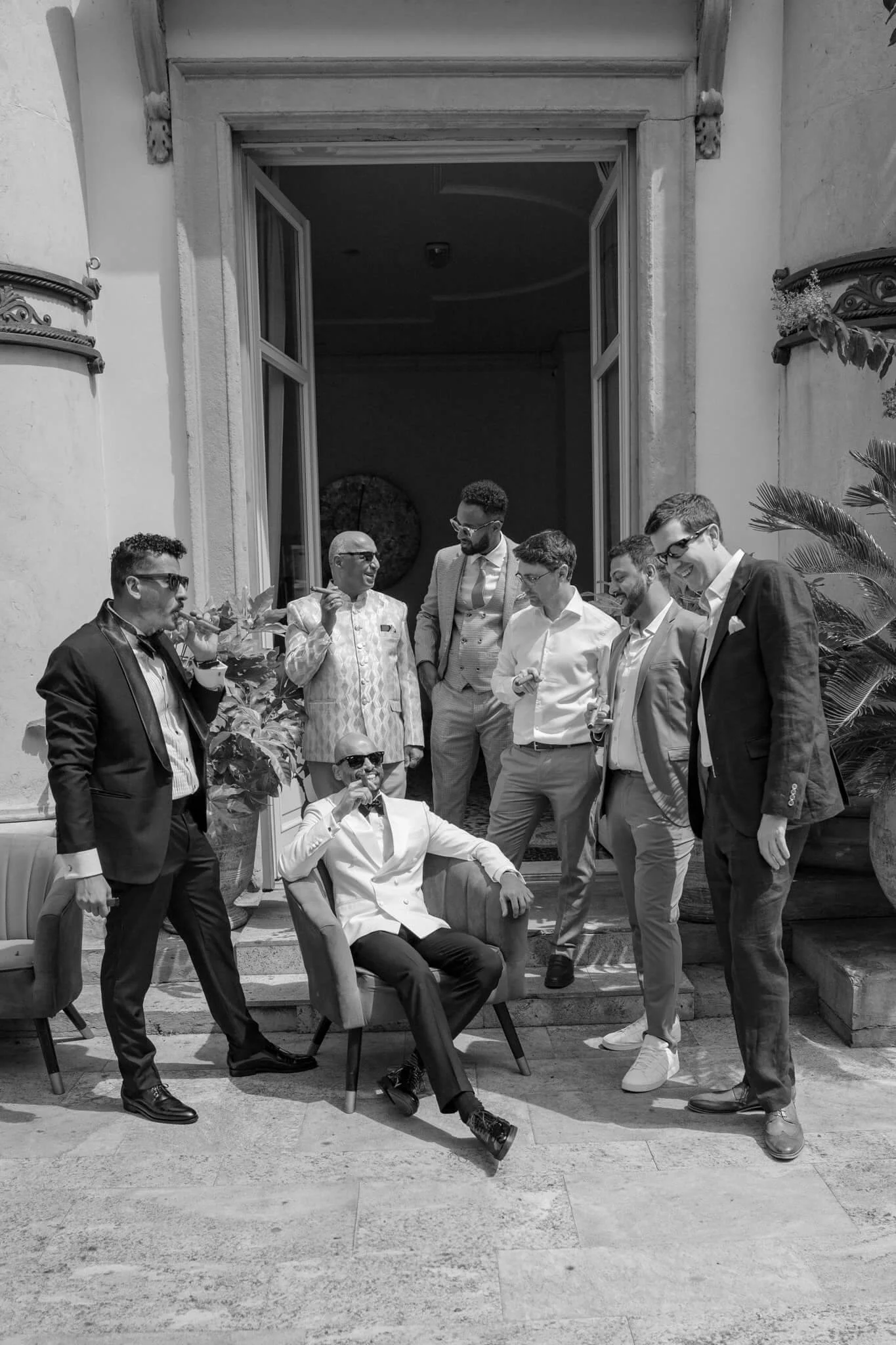 Relaxed groom with groomsmen at Villa Geno wedding in Lake Como
