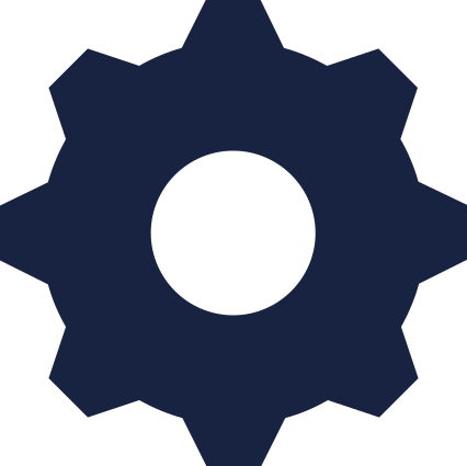 A dark blue gear icon with no background.