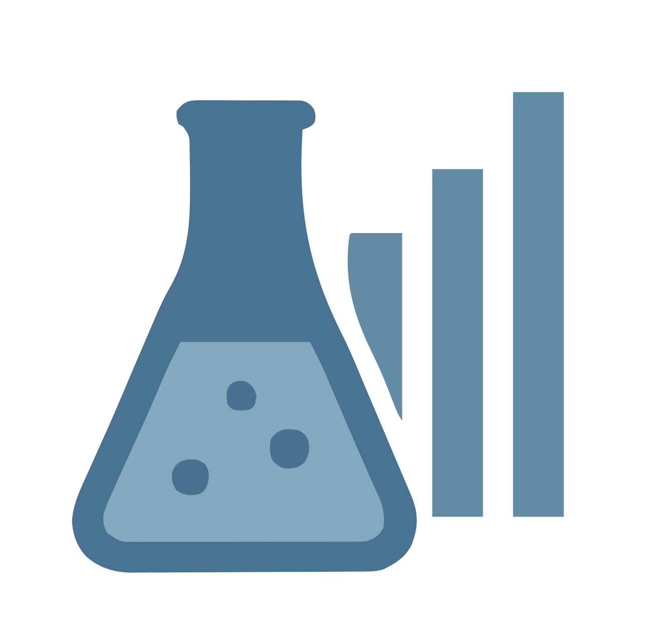 An illustration of a laboratory flask with some liquid inside and three bars representing a graph or data.