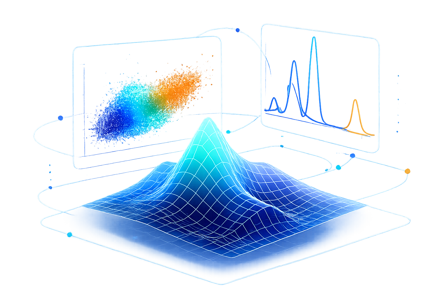 Digital illustration of data analysis with 3D graph, scatter plot, and line charts in a futuristic style.