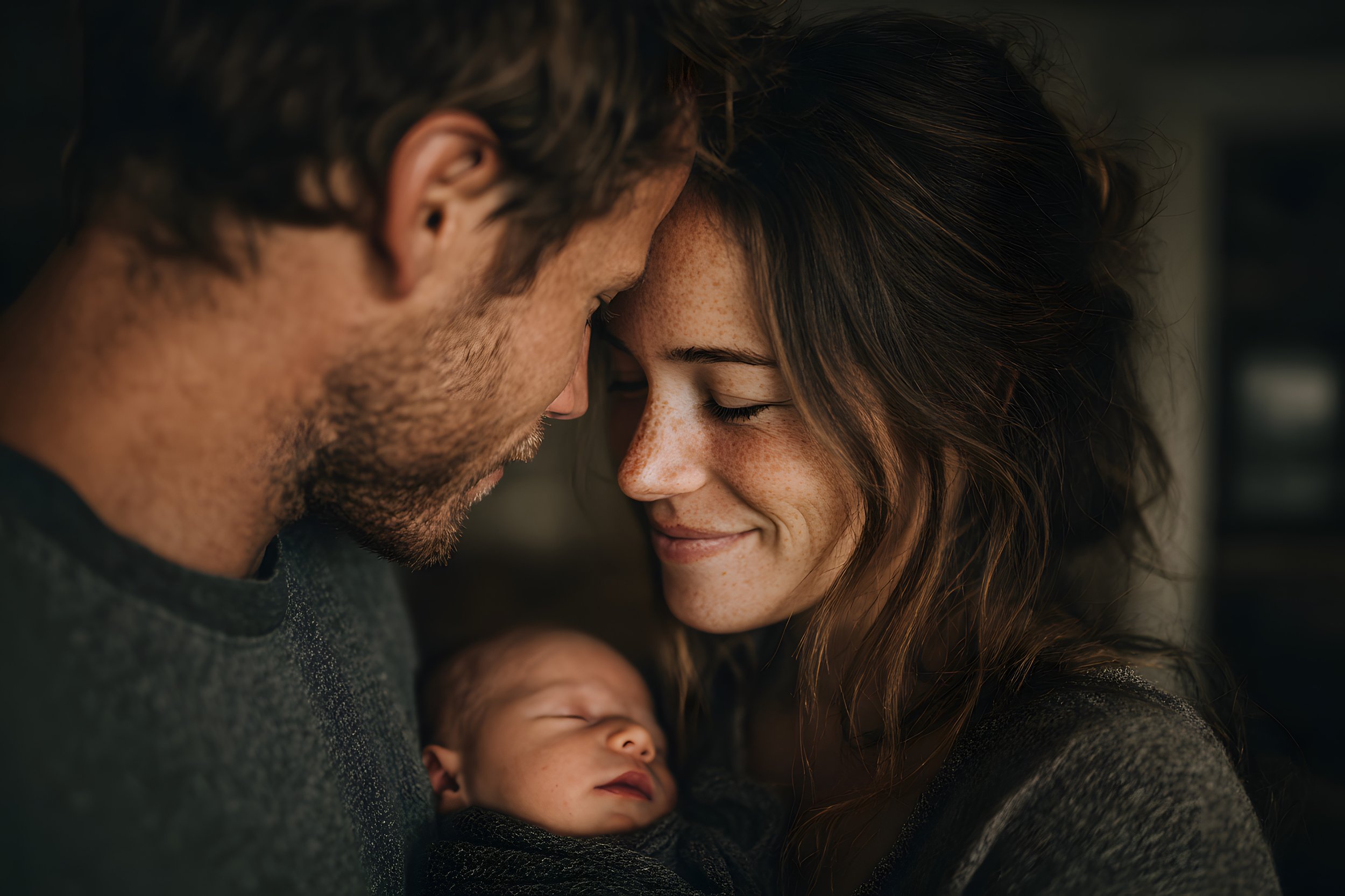 A couple holding their newborn baby, with foreheads touching and smiling, in a warm, intimate moment.
