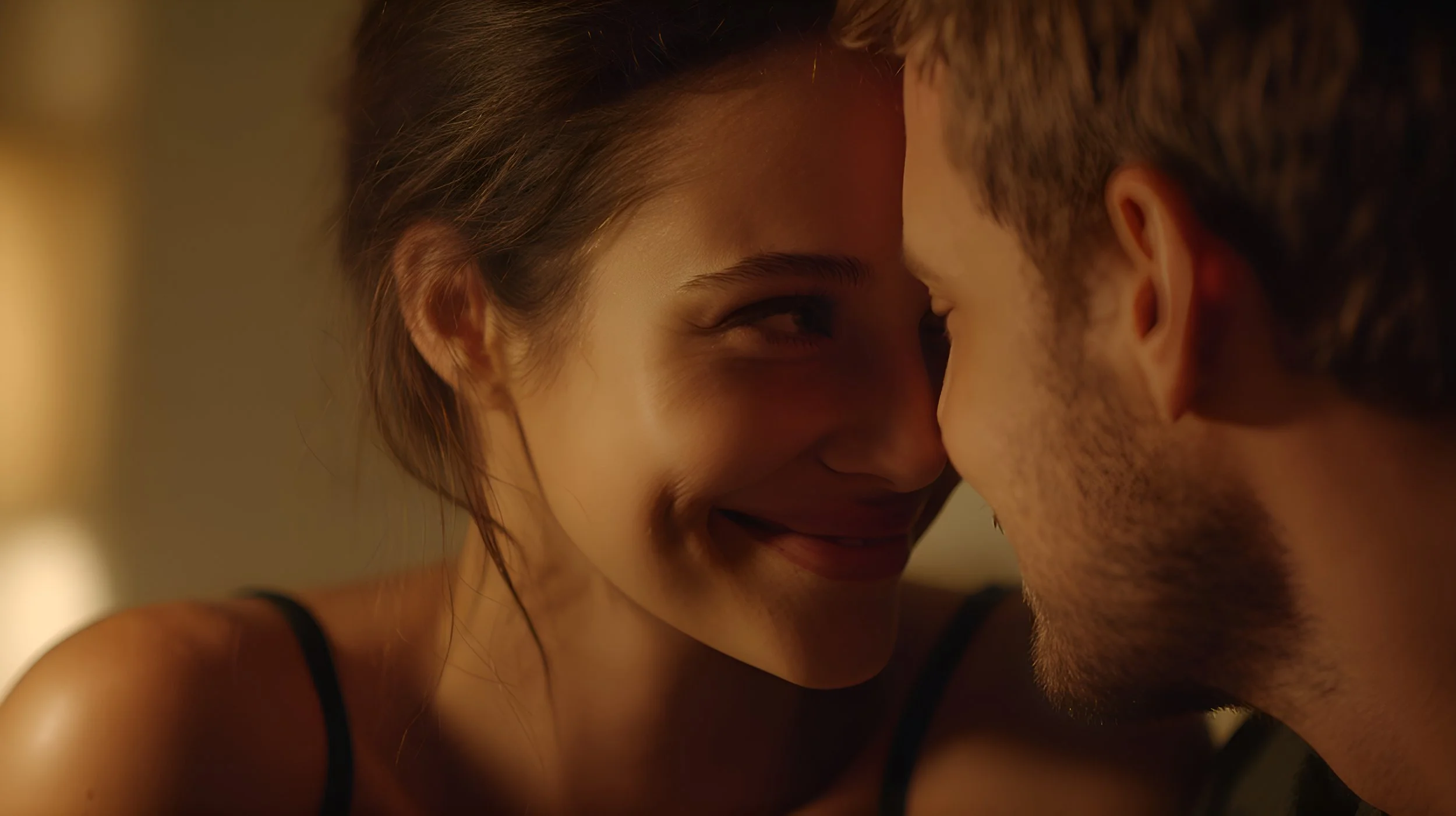 A close-up of a young couple smiling and touching foreheads in a warmly lit setting.