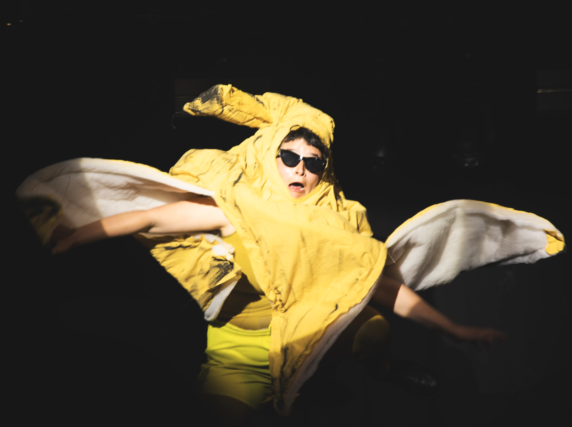 Person in a yellow costume with large wings, wearing sunglasses, in a dynamic pose against a dark background.