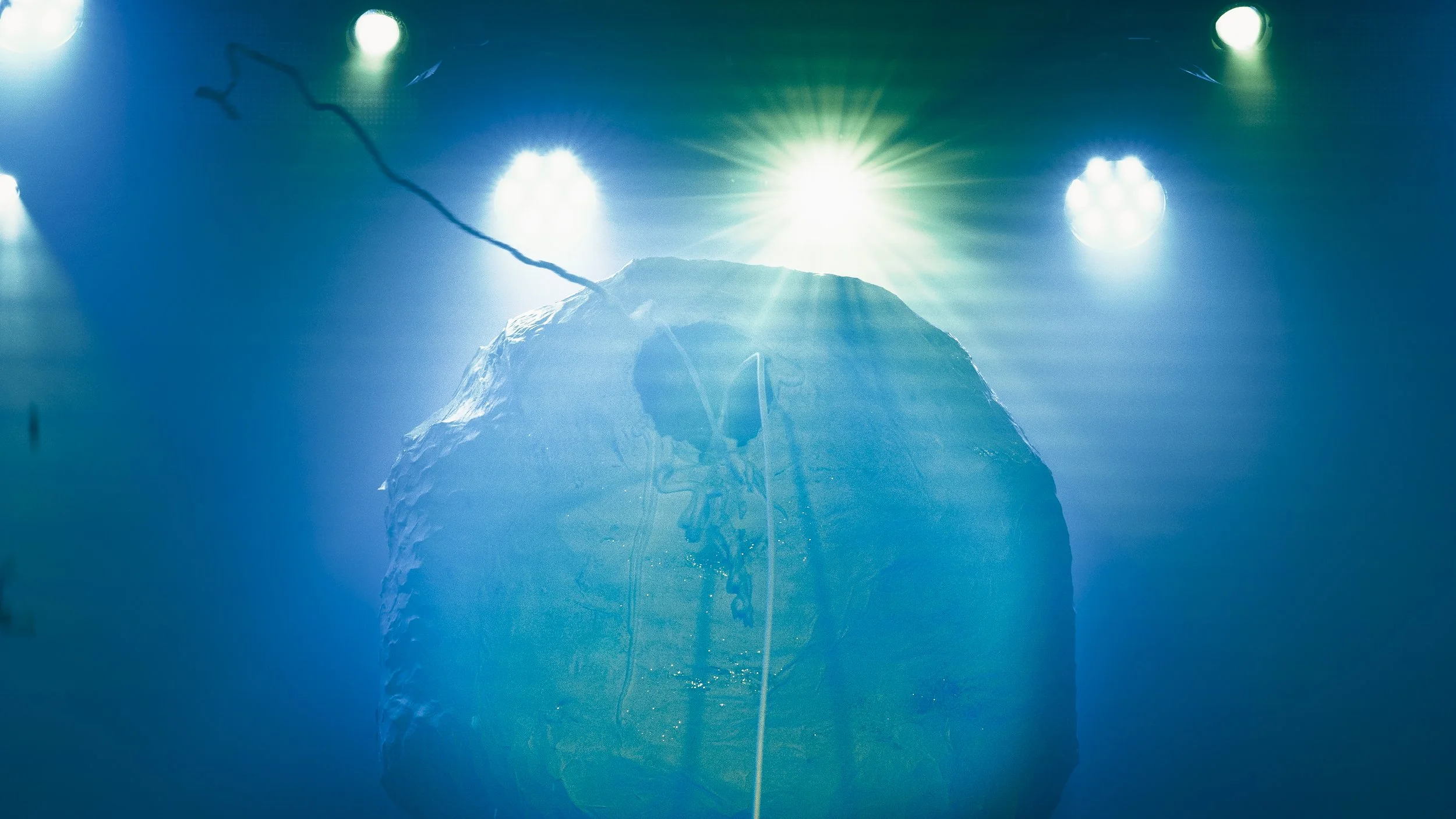 A butterfly silhouette appearing on a textured, bluish rock with bright white and green stage lights shining behind.
