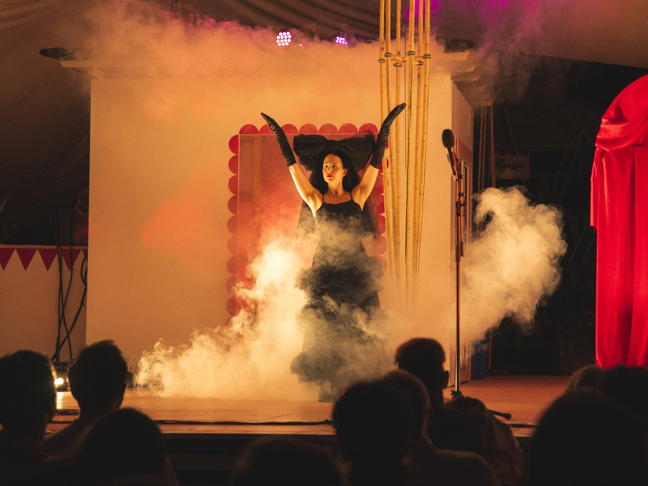 Performer on stage dressed in black with long black gloves, black head wrap, and black dress, surrounded by smoke, raising arms in front of a colorful background, with an audience watching.