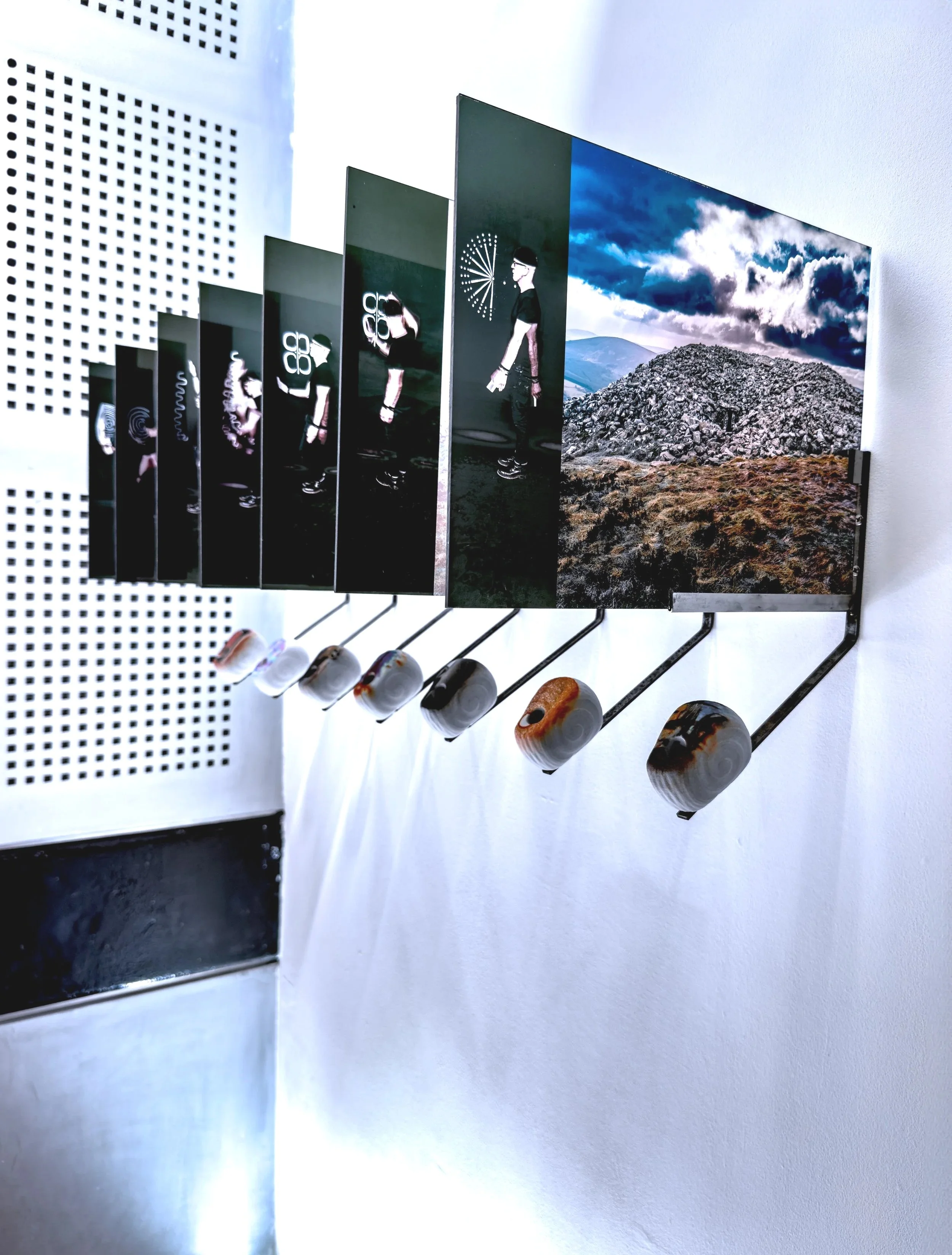 Shaman, (2025).
Mixed media installation: UV prints on acetate plates with accompanying sculptural elements mounted on mild steel
Plates: 372 × 275 mm (×7), Sculptures: 97 × 55 mm (×7)