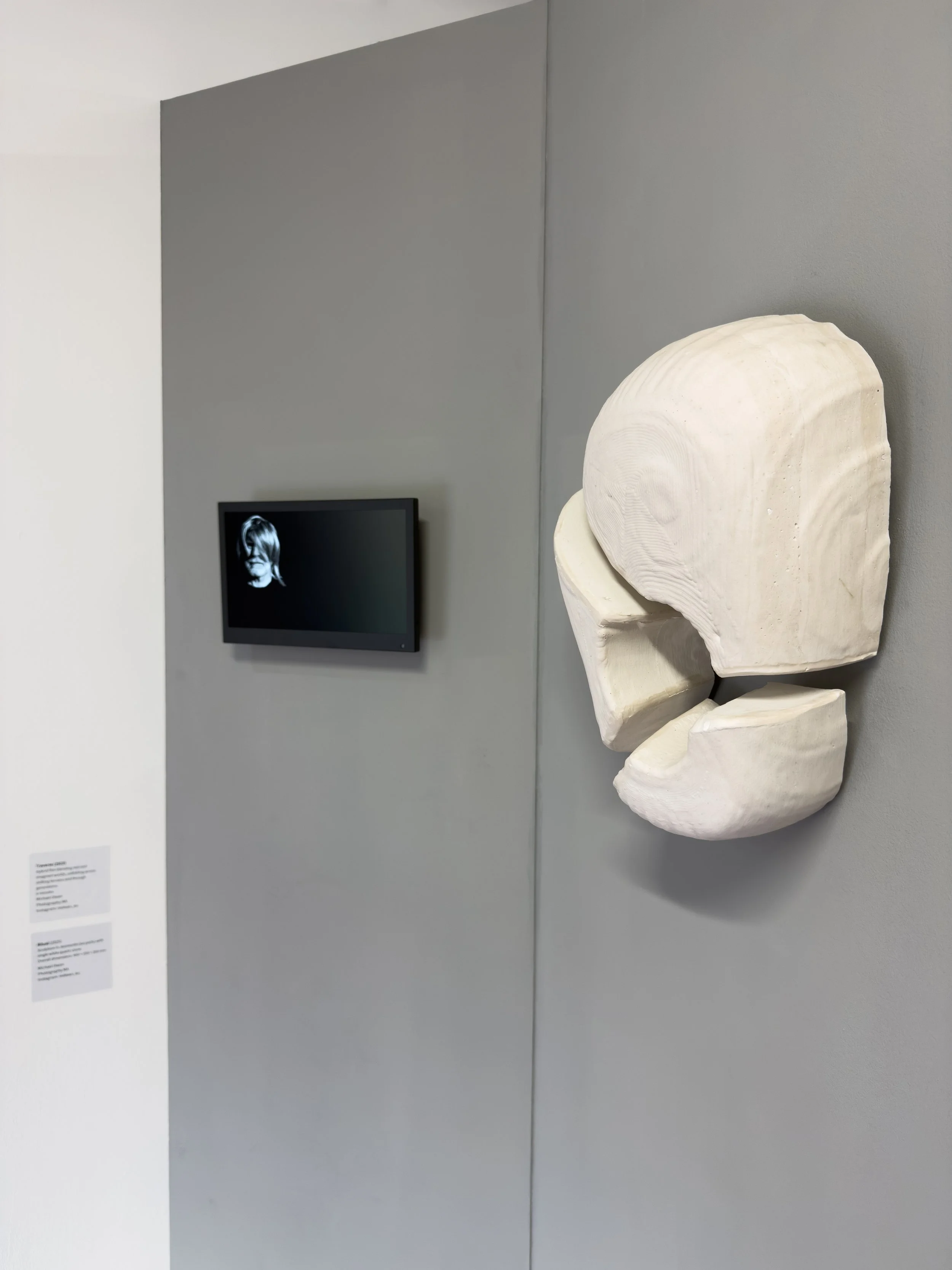 Ritual, #1, (2025).
Sculpture in Jesmonite (image showing three of six parts). Accompanied by monitor with 'Traverse' video reel.