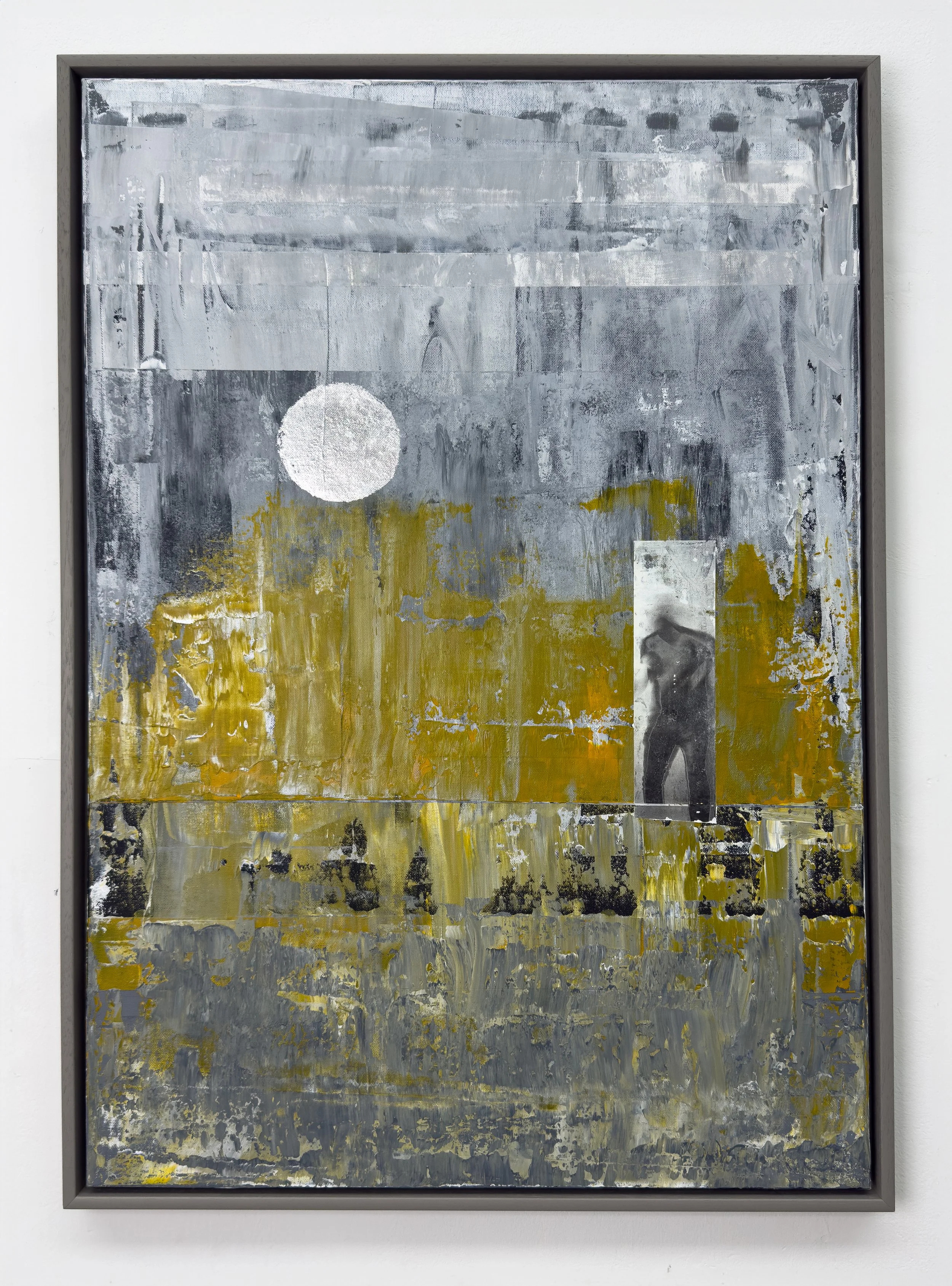 Liminal, (2024). Mixed media, acrylic paint, silver leaf, carbon black on canvas. 610 x 914 mm