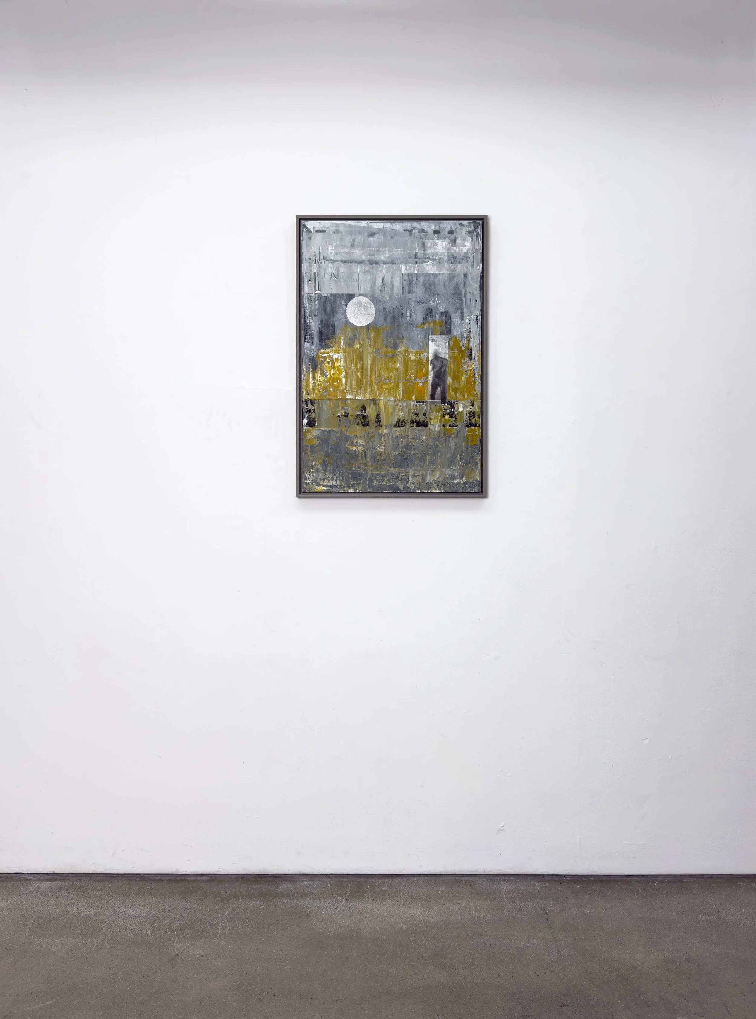 Liminal, (2024). Mixed media, acrylic paint, silver leaf, carbon black on canvas. 610 x 914 mm