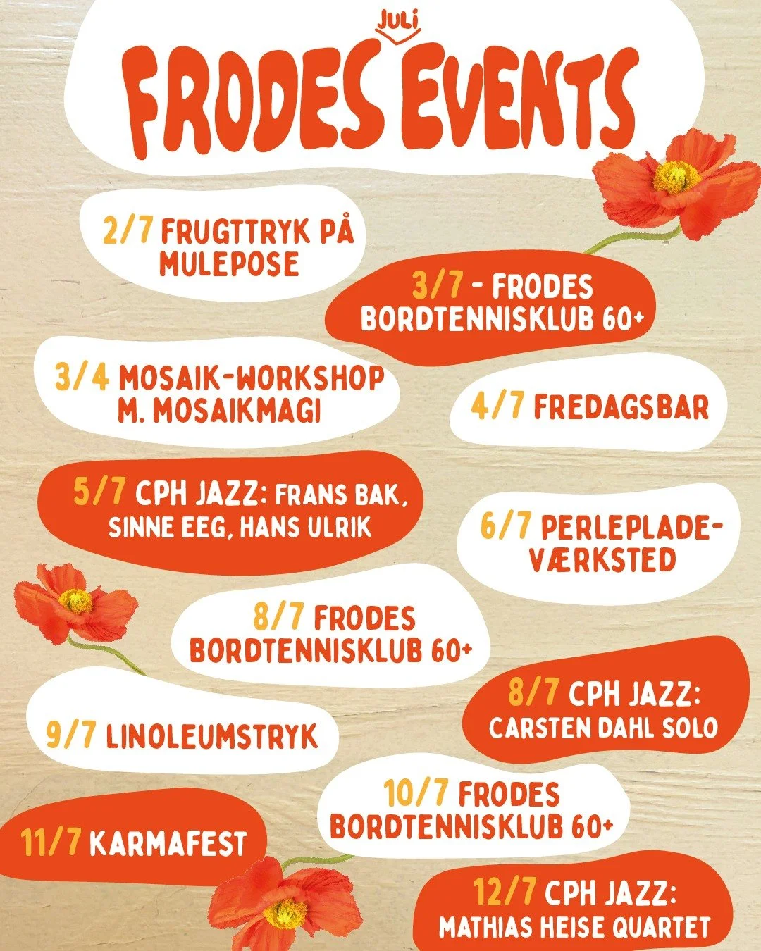 FRODES FOLKEHUS I JULI 🌞 

Sommeren er over os! Kom og nyd k&oslash;lige drinks p&aring; tagterrassen 🍹 deltag i kreative workshops 🎨 hyggelige sommeraftener med f&aelig;llesspisning under &aring;ben himmel 🎶 jazz festival, dansefest og meget mer