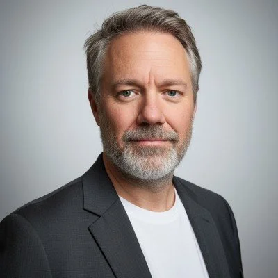 A smiling woman with glasses, hoop earrings, layered necklaces, and a striped shirt in an office environment.