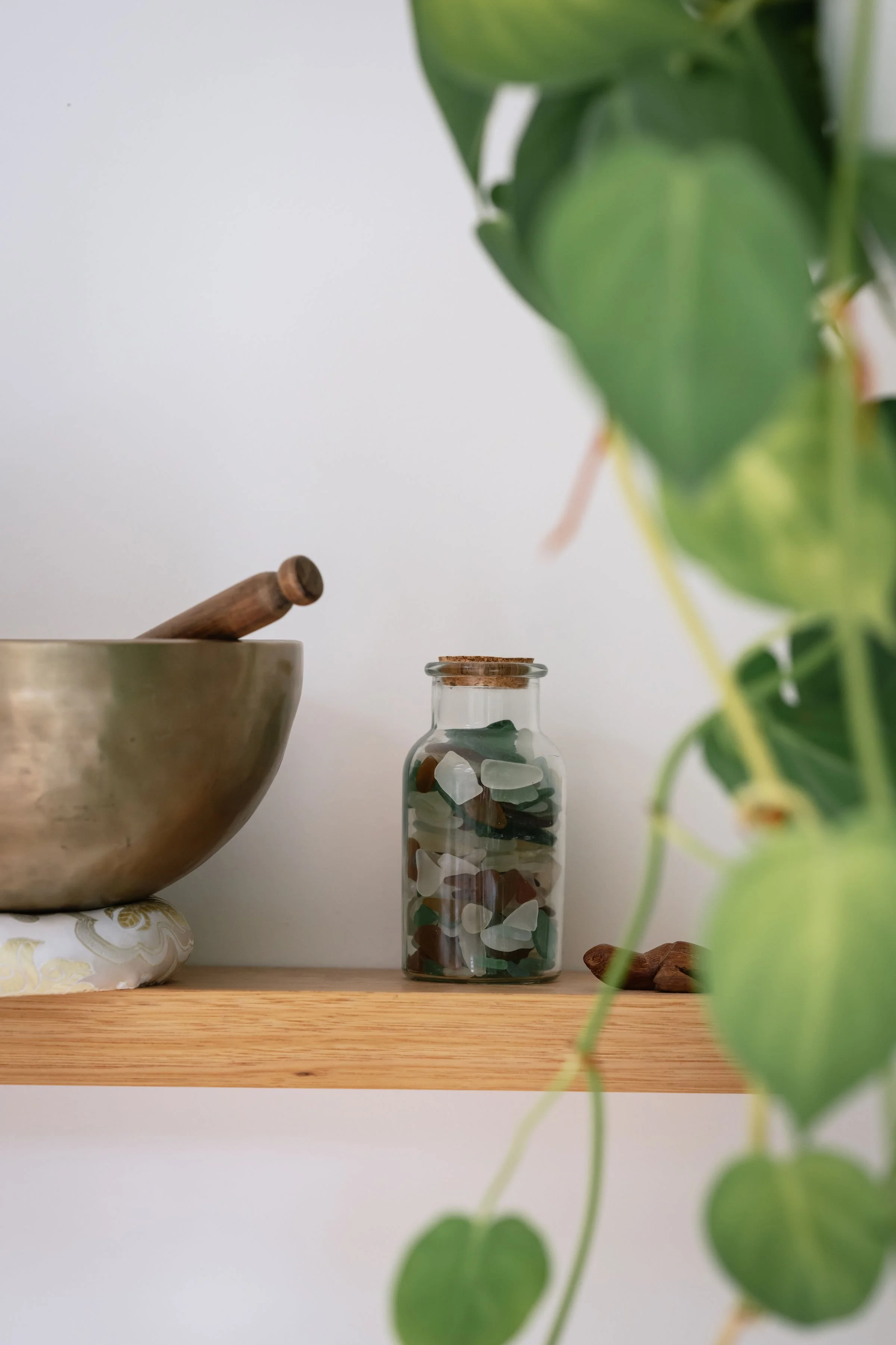 A wooden shelf holds a brass singing bowl with a wooden striker, a glass jar filled with colorful polished stones, and a few almonds. A large green leafy plant partially obscures the right side of the image.