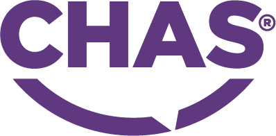 CHAS logo in purple with a stylized smile design underneath the text.