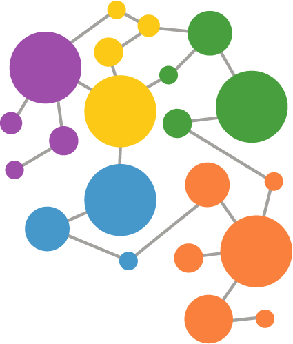 Colorful connected circles of various sizes on a black background, representing a network or molecular diagram.