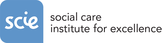 Logo of SCE, the Social Care Institute for Excellence, featuring white lowercase letters on a blue background, with the organization's name written beside it.