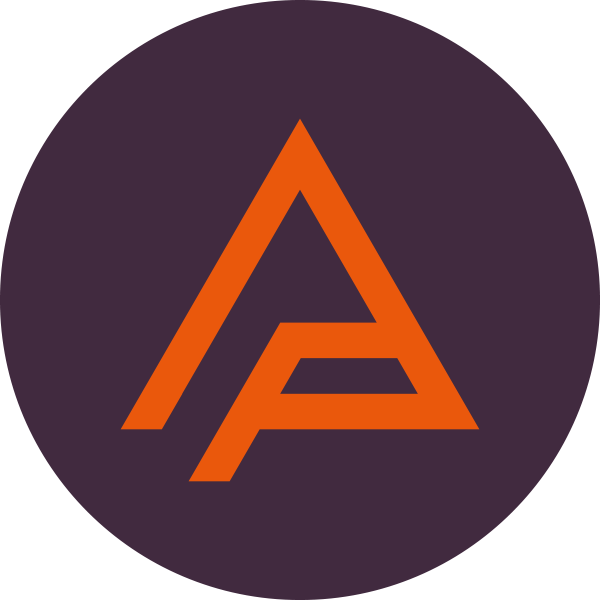 An abstract logo with geometric orange lines forming a stylized letter 'A' on a dark purple circular background.