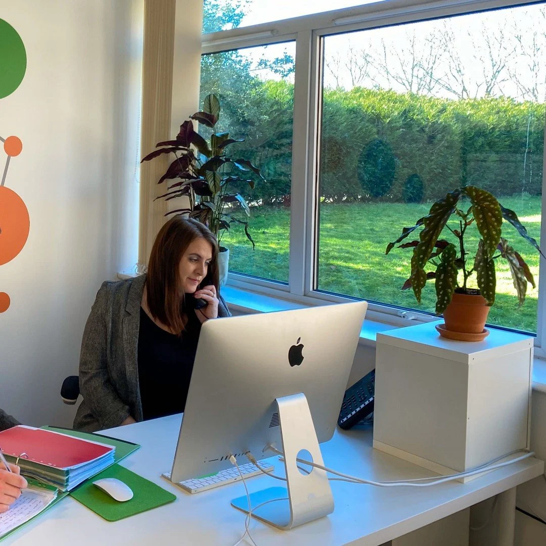 A woman sitting at a desk working on an Apple iMac computer, talking on the phone, in a bright office with a large window revealing a green lawn and trees outside. There are potted plants on the windowsill and a mural or chart partially visible on the wall.