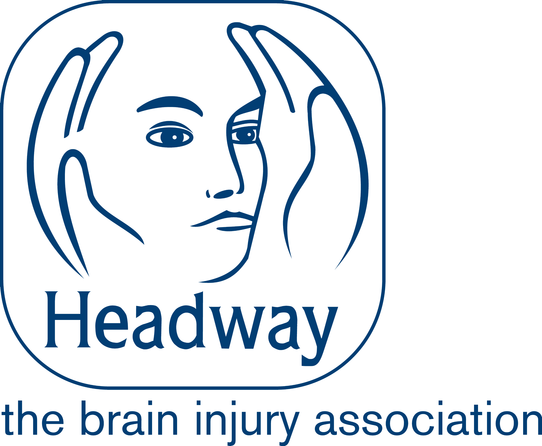 Logo of Headway, featuring a stylized outline of a woman's face with her hands on her temples, and the text 'Headway' and 'the brain injury association'.