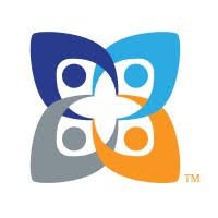 Colorful abstract logo with four petal shapes in blue, light blue, gray, and orange, arranged around a central white star.