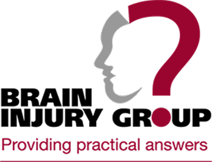 Logo with a woman's face profile divided into gray and burgundy, a question mark, and the text 'Brain Injury Group' and 'Providing practical answers'.