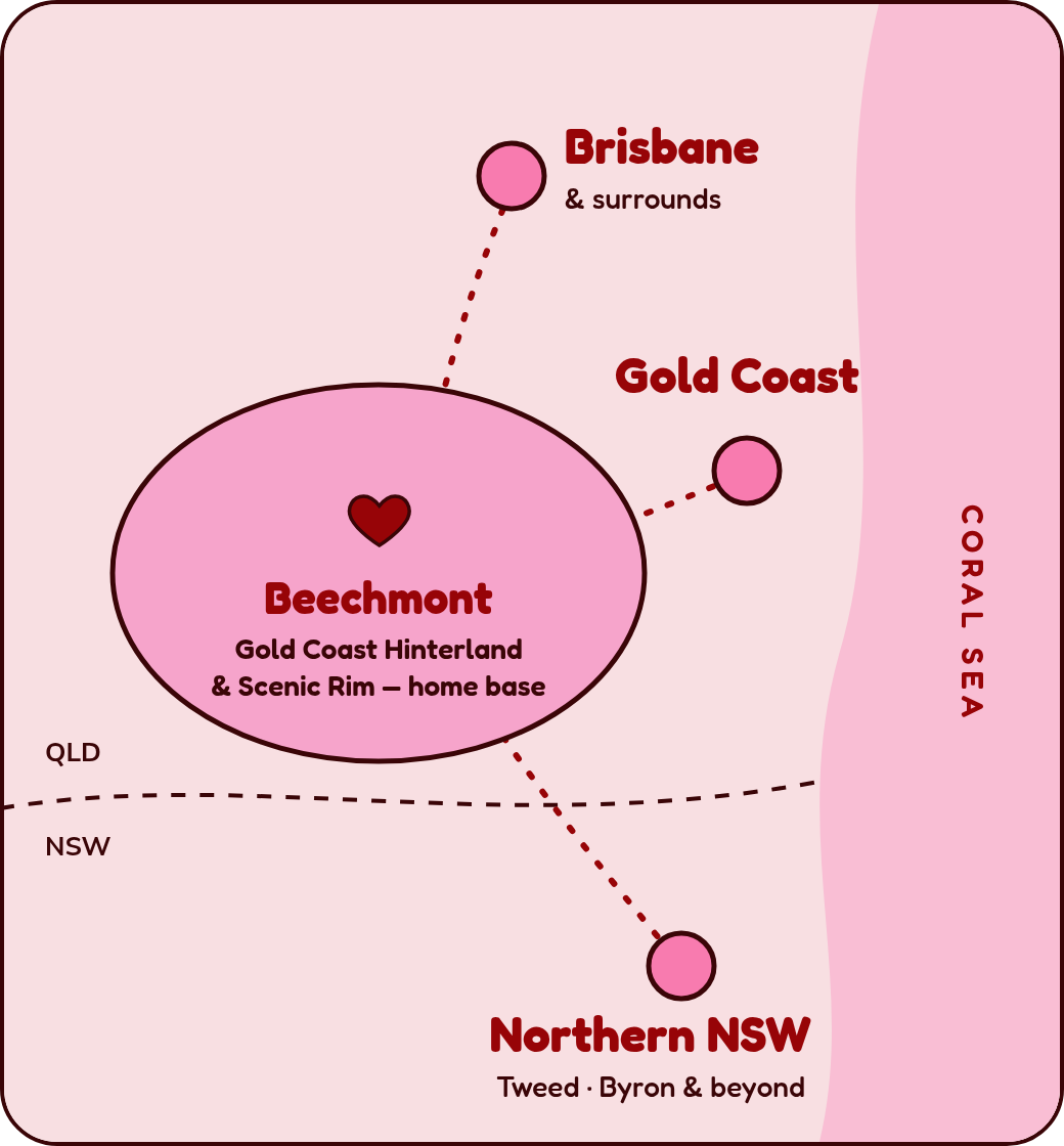 Map showing Beechmont in the Gold Coast Hinterland and Scenic Rim as home base, with Brisbane to the north, the Gold Coast to the east and Northern NSW to the south
