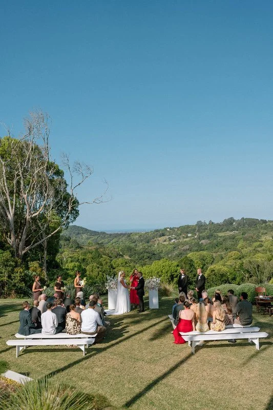 Outdoor wedding ceremony with Gold Coast Hinterland views, led by celebrant Maddie Hayes