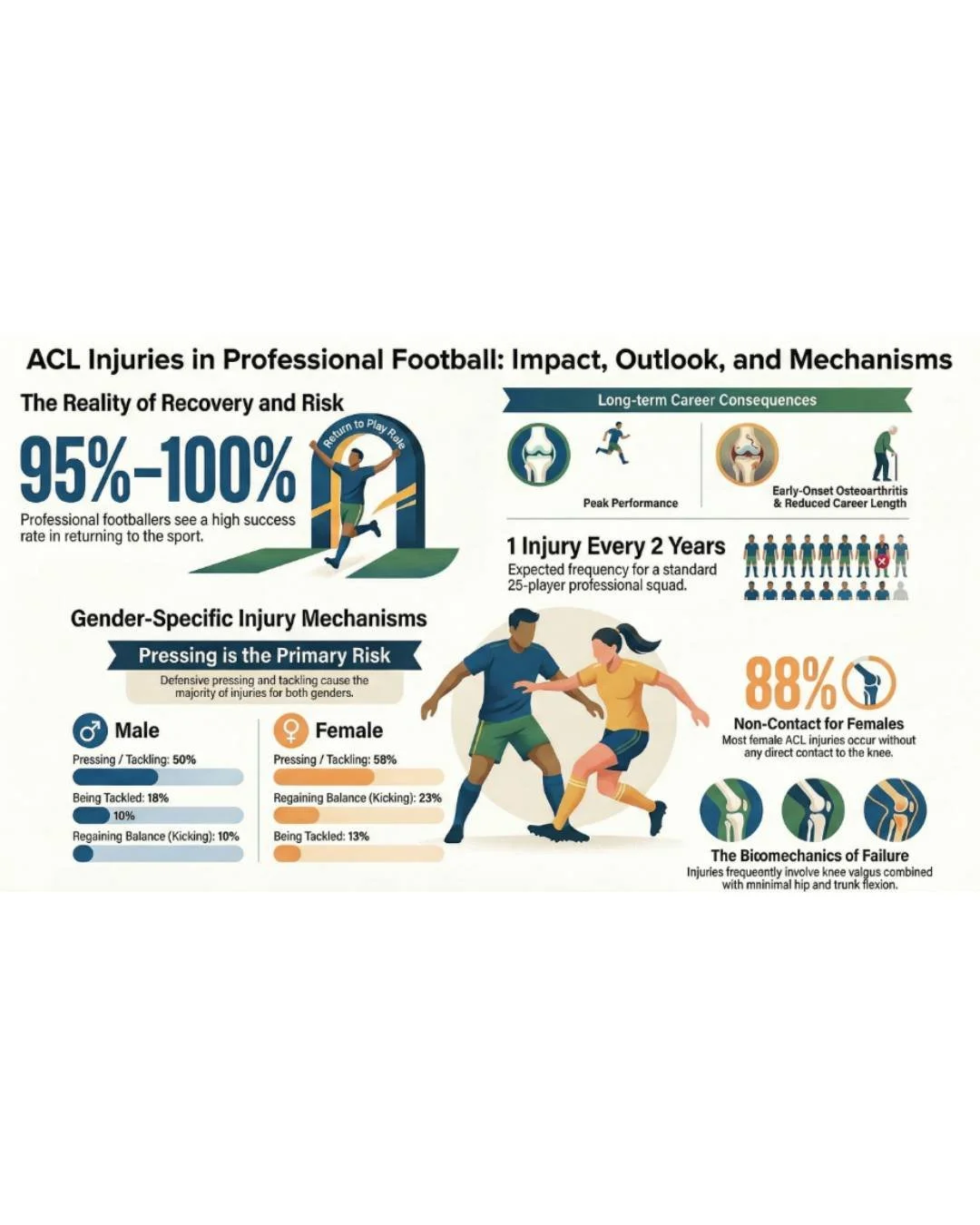 ACL Injuries in Football: Mechanisms. Risk factors, and Prevention

ACL-injuries Return-to-sport rates, return-to-preinjury-level rates, and reported injury mechanisms may vary depending on the population and playing style of the leagues studied.

Cu