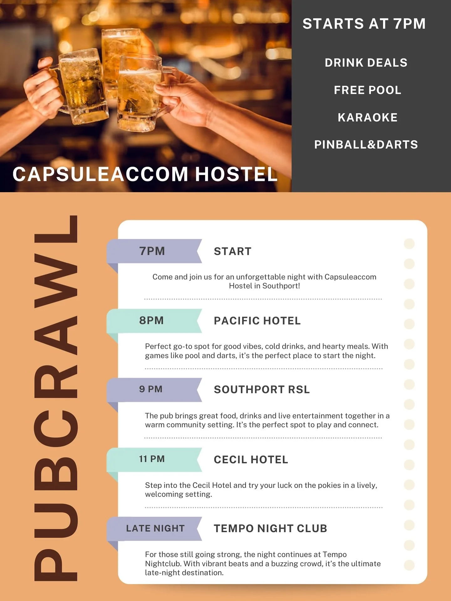 Thursday means pub crawl!🍻 We are hitting 4 iconic spots - each with its own vibe, games and deals.
Gather your friends and join for a night full of laughter!