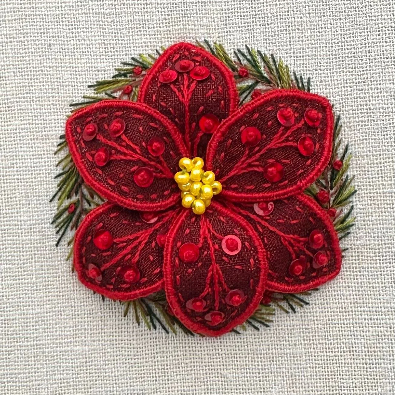 Welcome to the very first limited-edition Stitch Sanctuary Christmas Bauble:  Peaceful Poinsettia!  Across four joyful classes, you&rsquo;ll explore a blend of freestyle embroidery and stumpwork techniques to bring a delicate three-dimensional poinse