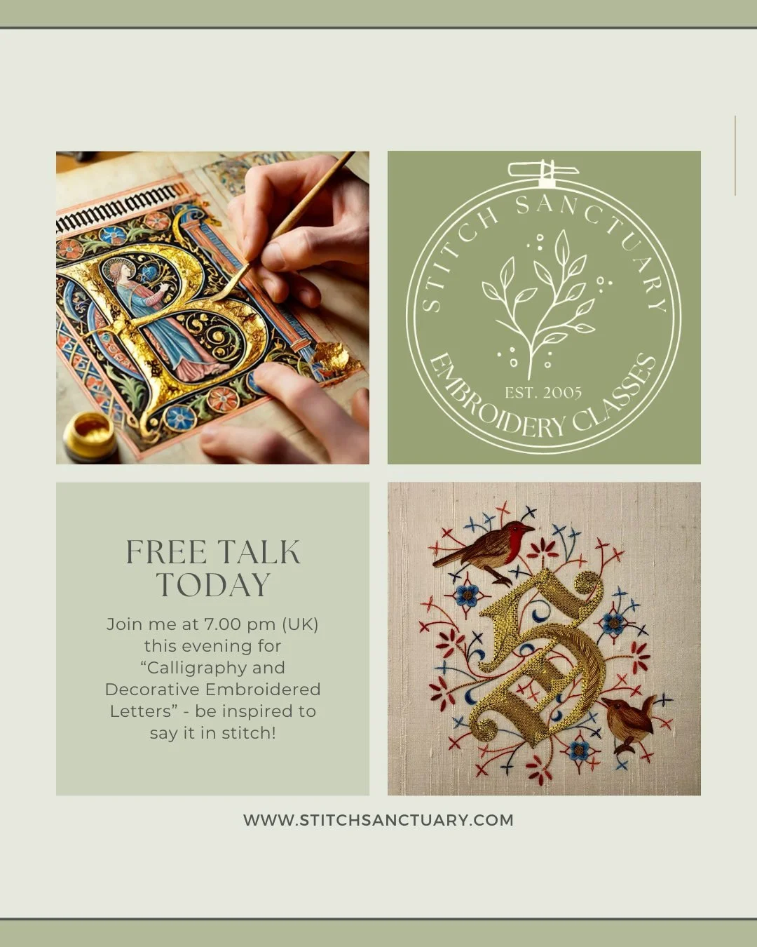 A gentle reminder that my free illustrated talk on Calligraphy &amp; Embroidered Decorative Letters is happening today.
We&rsquo;ll explore how letters have journeyed from illuminated manuscripts and ornamental alphabets to samplers, monograms, and r