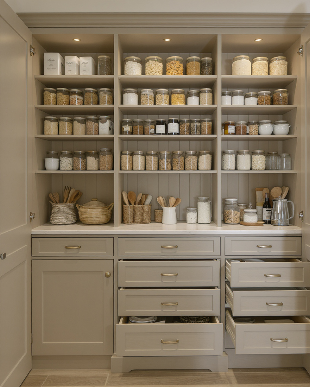 Kitchen pantry with shelves filled with glass jars of dry ingredients like rice, pasta, and grains, and some baskets and utensils on the counter.