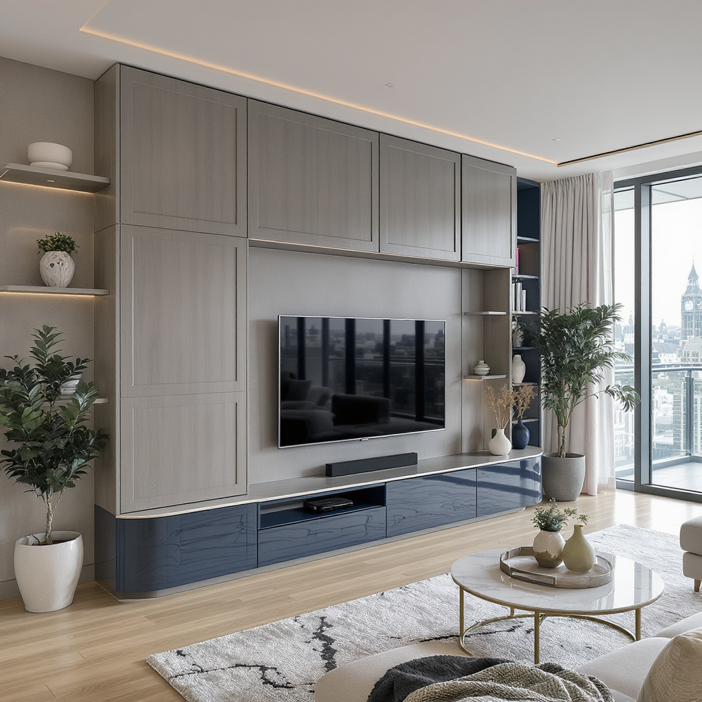 Modern living room with built-in wall unit, flat-screen TV, potted plants, and a large window with city view.